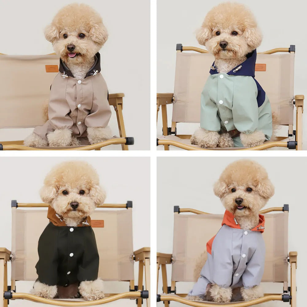 Khaki coloured waterproof shell jacket on a small dog, showing adjustable belly strap and high collar.
