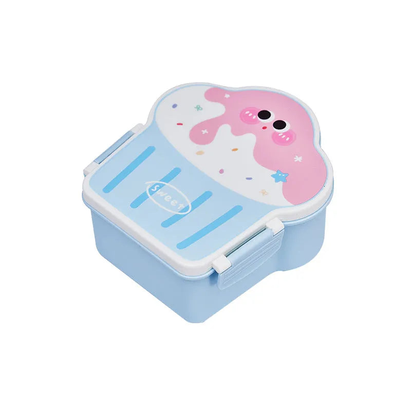 Pink and blue creative ice cream shaped plastic lunch boxes with spoons and forks on a plain background.