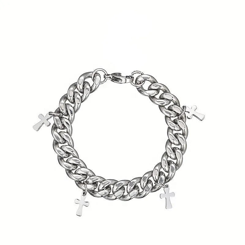 Men's titanium steel bracelet with geometric cross design showing cold wind styling