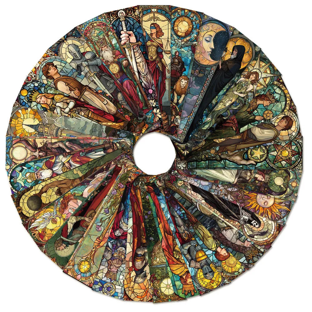 Set of 30 colourful painted glass tarot design paper bookmarks laid out flat.