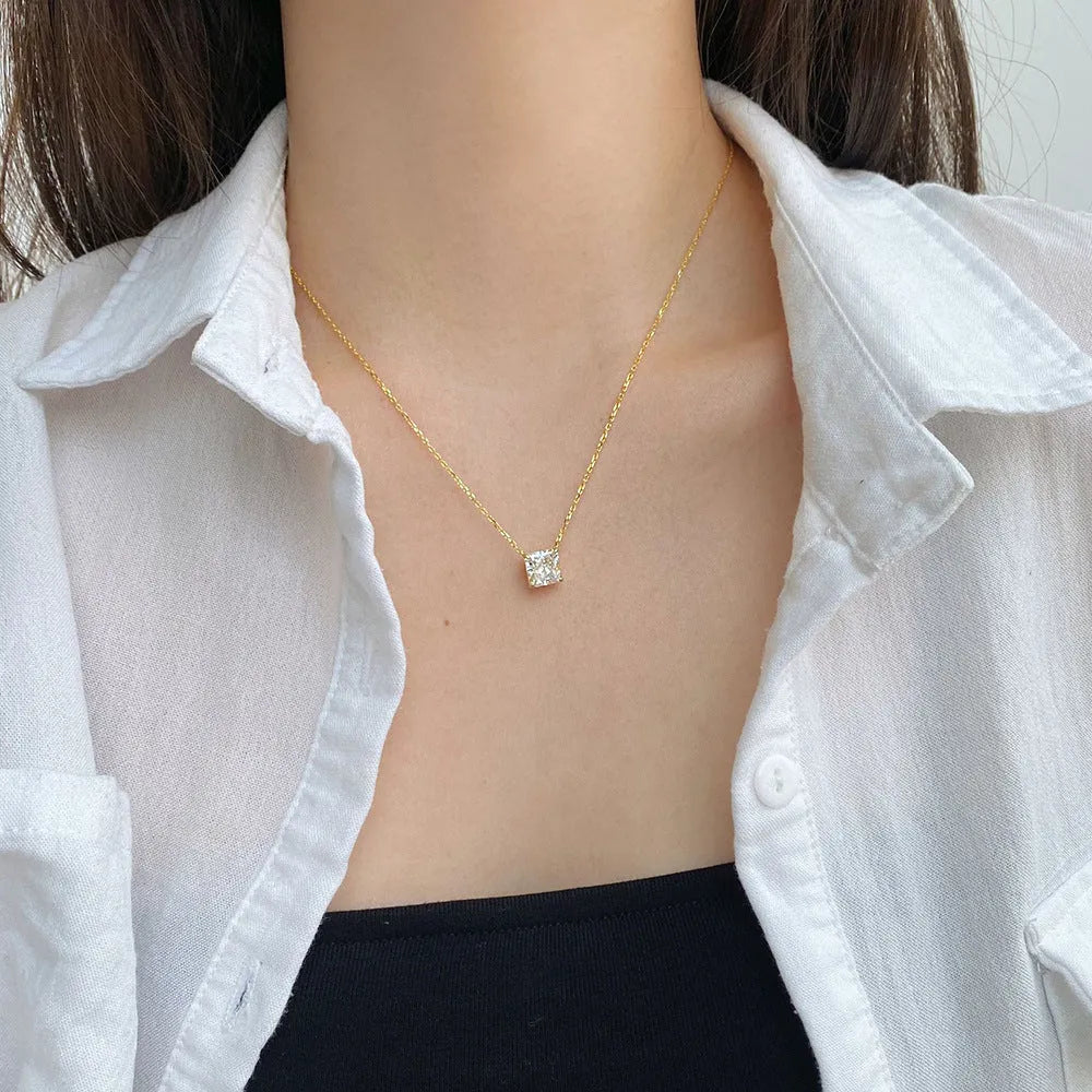 925 silver geometric square white diamond pendant necklace on adjustable clavicle chain in N166 platinum finish