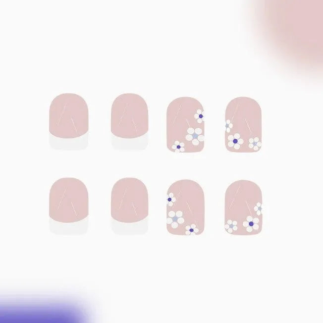 24 pieces of short wearable nail patches with white French flower pattern on plastic backing, with jelly glue wipe
