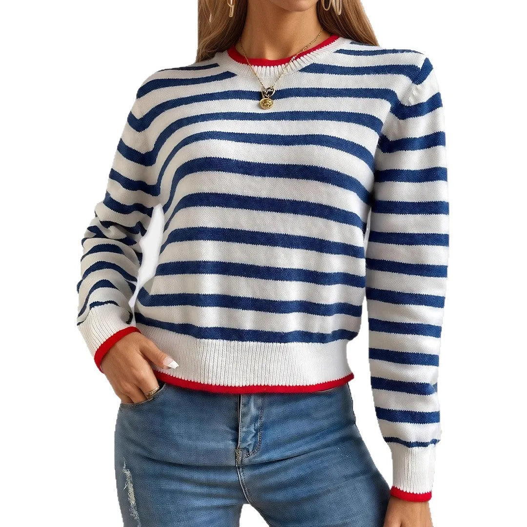 Sapphire Blue striped British style pullover jumper with contrast colour design and round neck