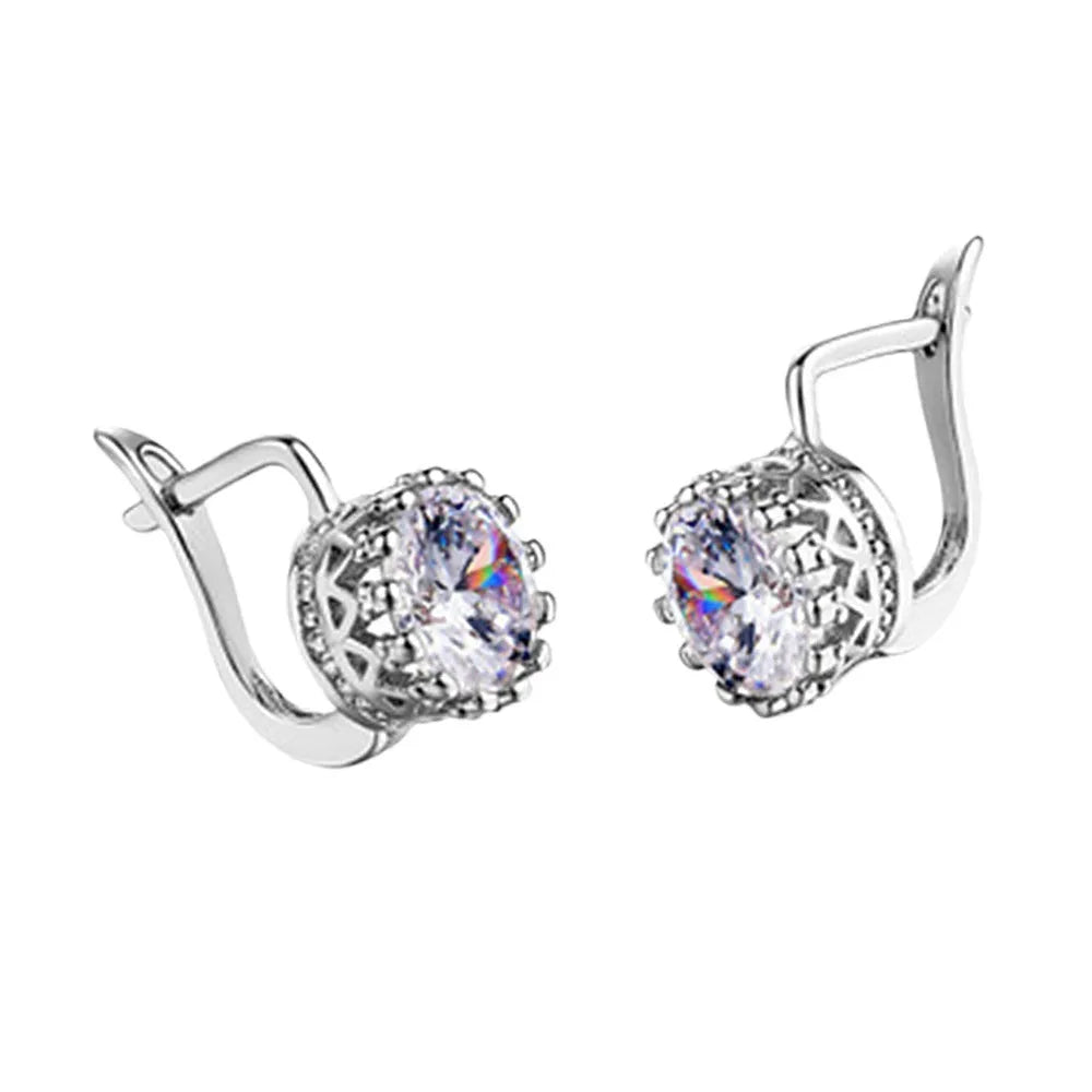 Korean retro style crown-shaped ear clips with rhinestones in rose gold and white gold colour options.