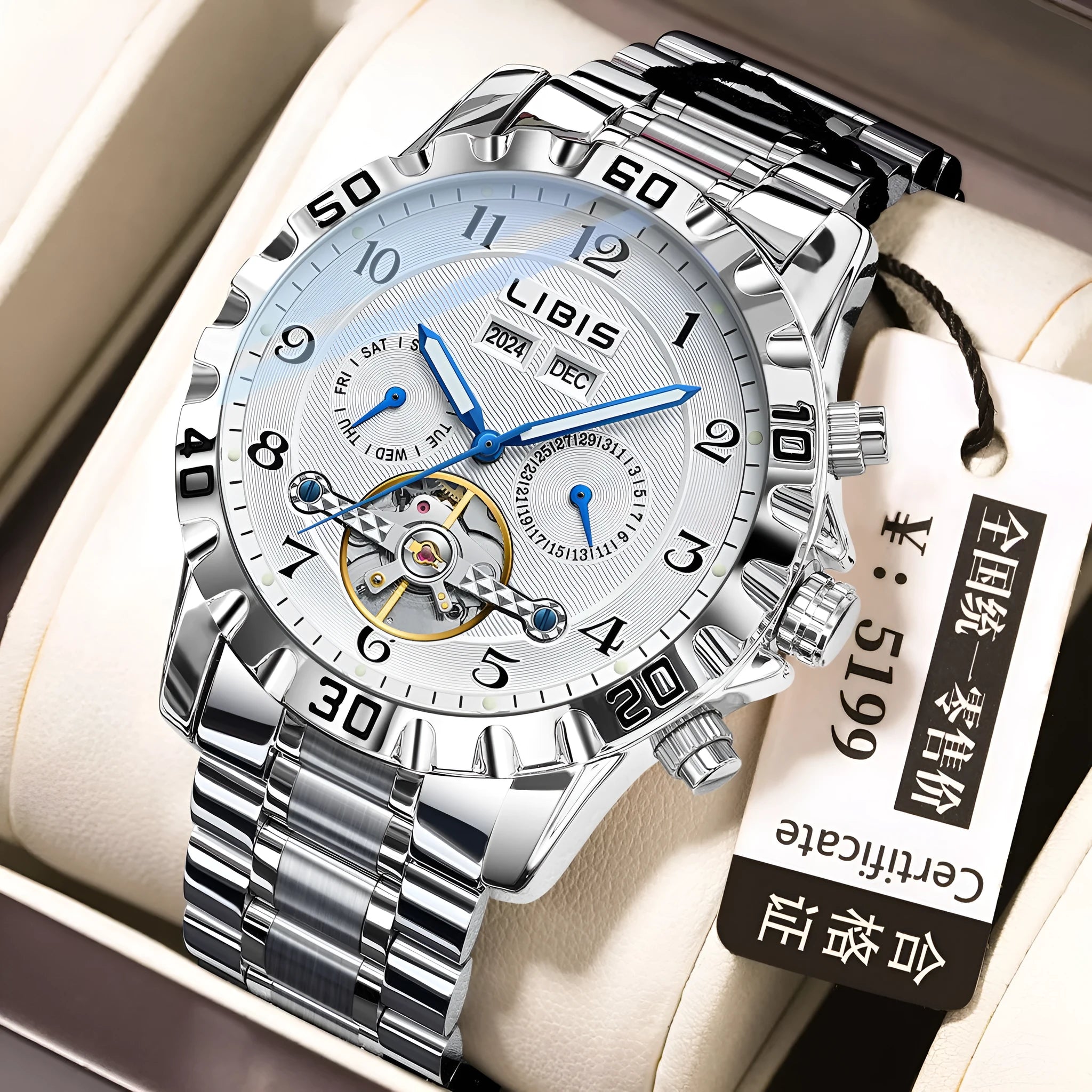 Men's silver automatic perpetual calendar mechanical watch with stainless steel strap on a wrist.