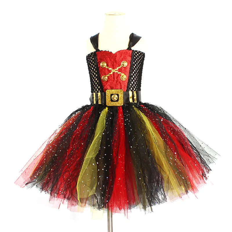 Girls sleeveless pirate costume dress with sequins and gauze mesh, Pirates of the Caribbean themed.