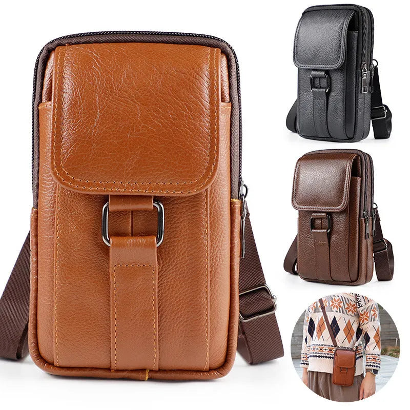 Genuine leather men's waist crossbody bag in black with a lock and vertical square shape.