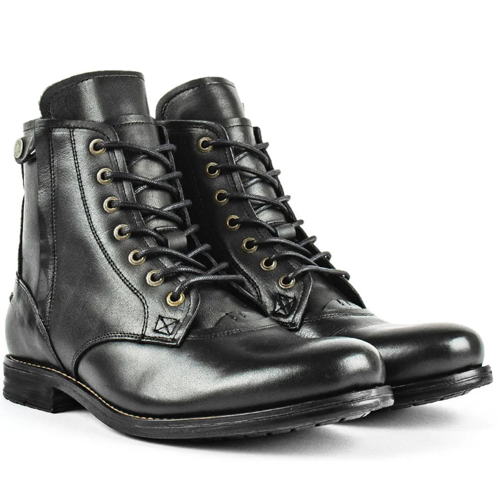 Men's black leather Knight Series boot with side zip and low heel.