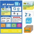 Alphabet learning chart for children with word cards, letter cards, and picture cards laid out.