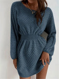 Blue women's knitted dress with hand-crocheted flowers, fitted waist, and 65cm length