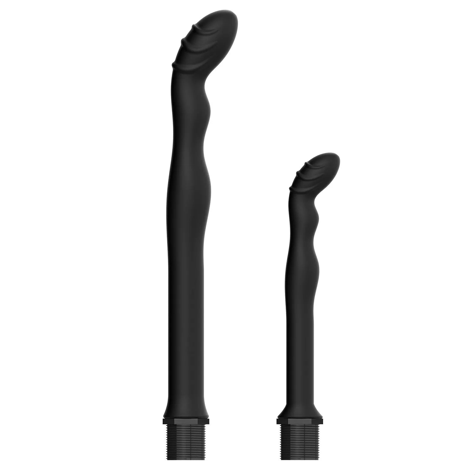 Black flexible silicone hosepipe flusher for cleaning, shown in large and small size options.