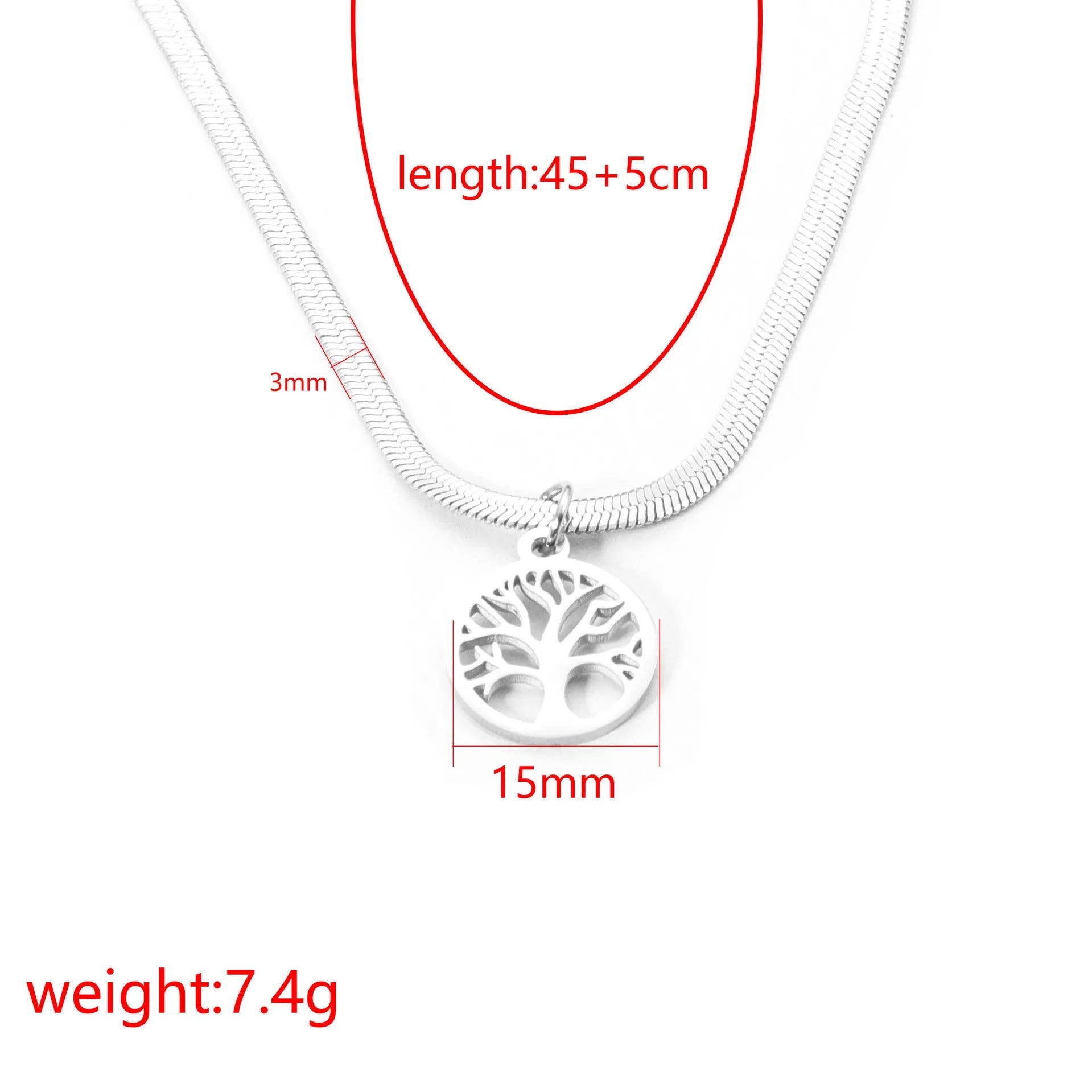 Stainless steel necklace with a U-shaped tree pendant on an adjustable snake chain.