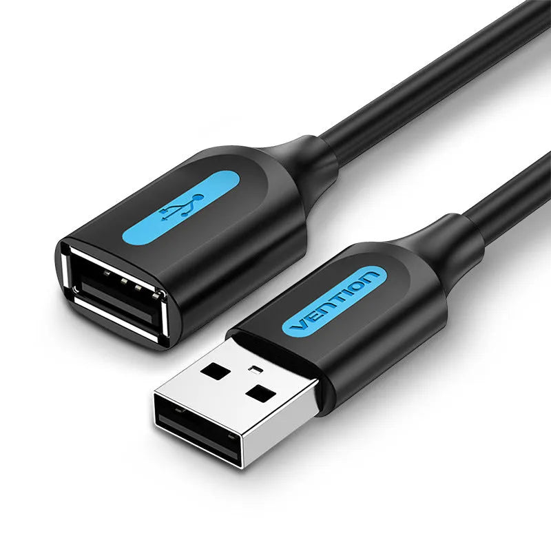 Black USB A male to AM extension cable with straight connectors on a white background.