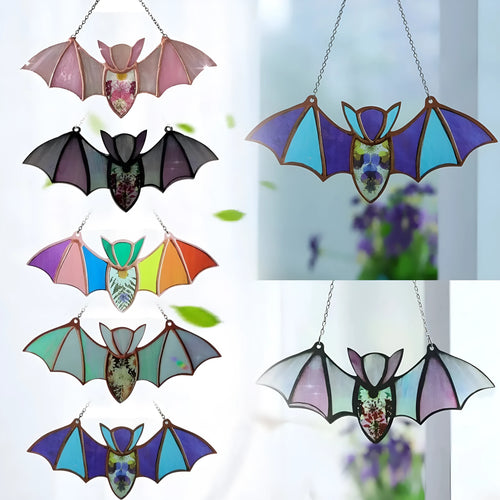 A modern art style bat printed on a clear acrylic wall hanging pendant.
