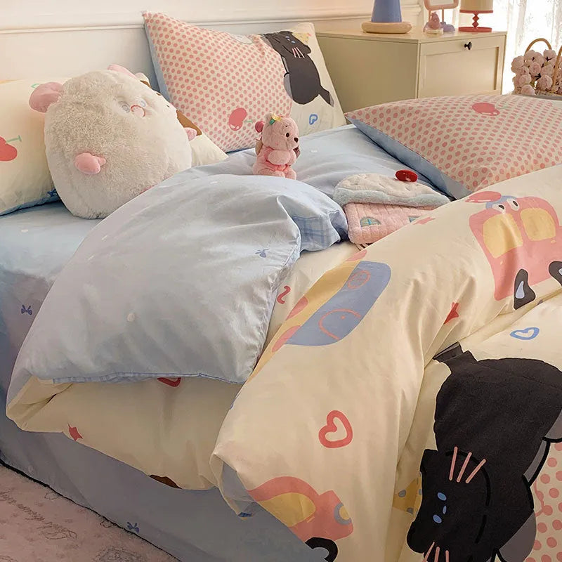 Cartoon dog pattern pure cotton duvet cover and pillowcases on a bed, showing Animal World design.
