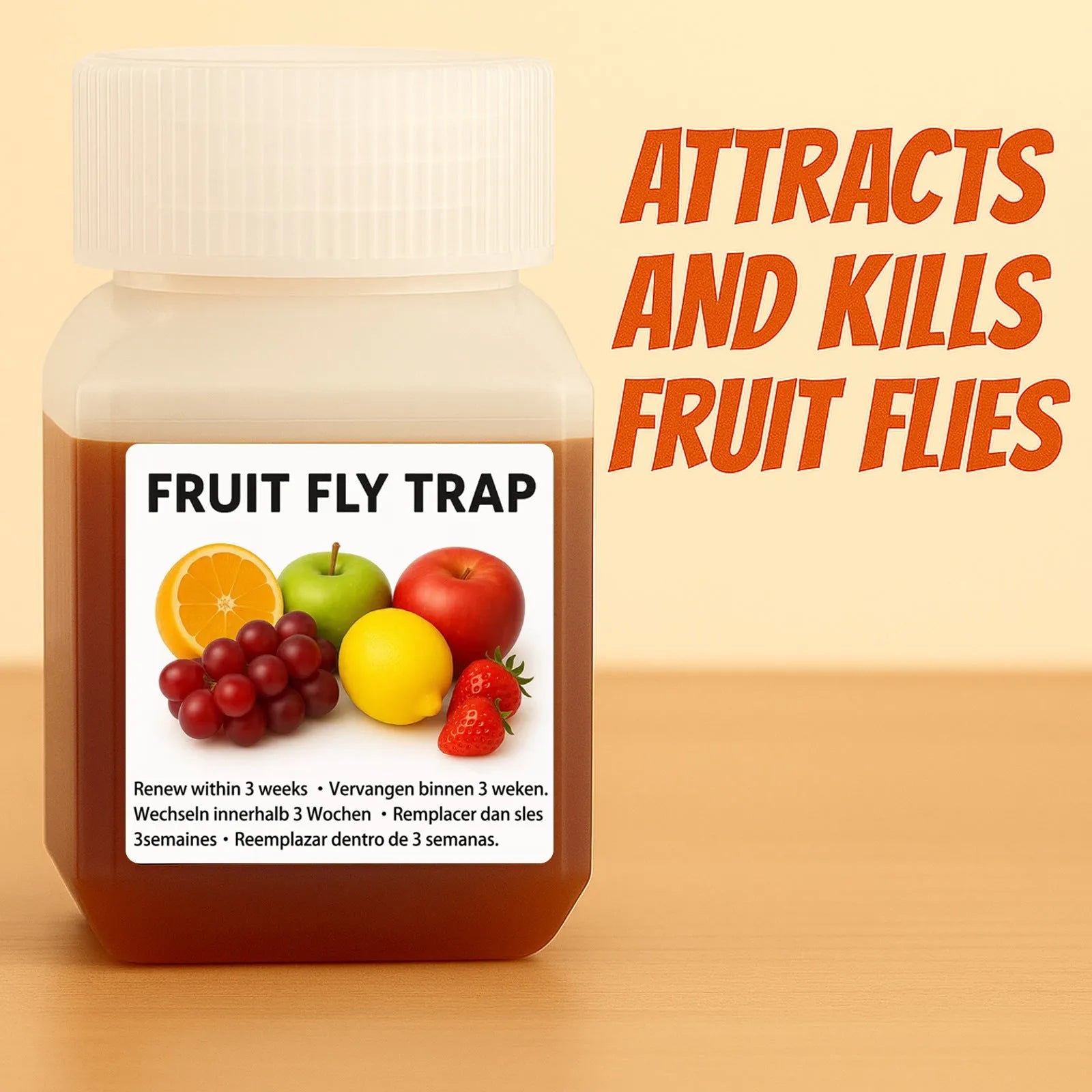 Bottle of SK003 fruit fly bait liquid on a kitchen countertop.