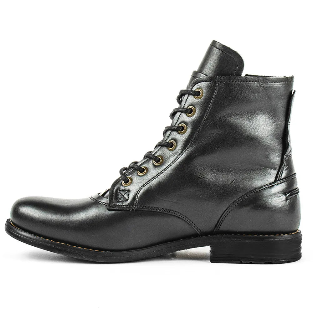 Men's black leather Knight Series boot with side zip and low heel.