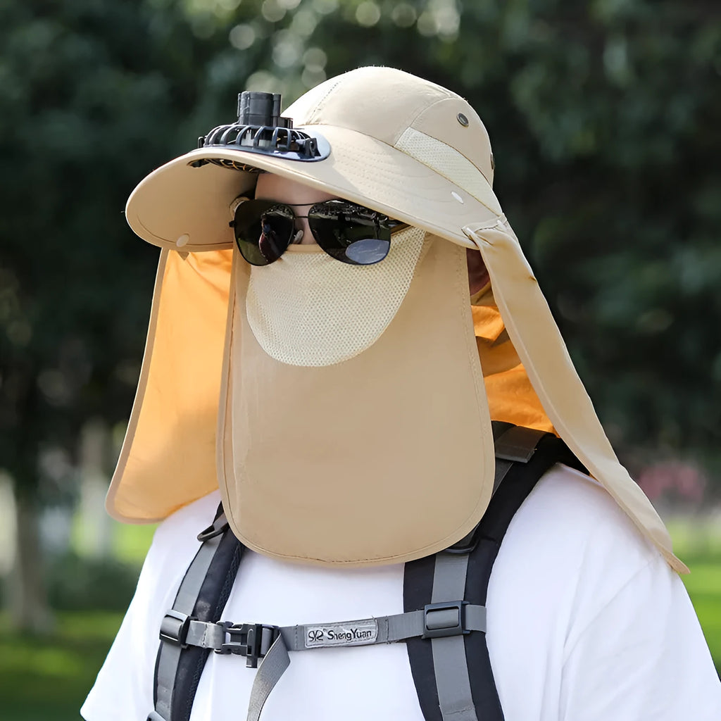 Men's khaki sun hat with USB rechargeable fan and attached face covering shawl for outdoor protection