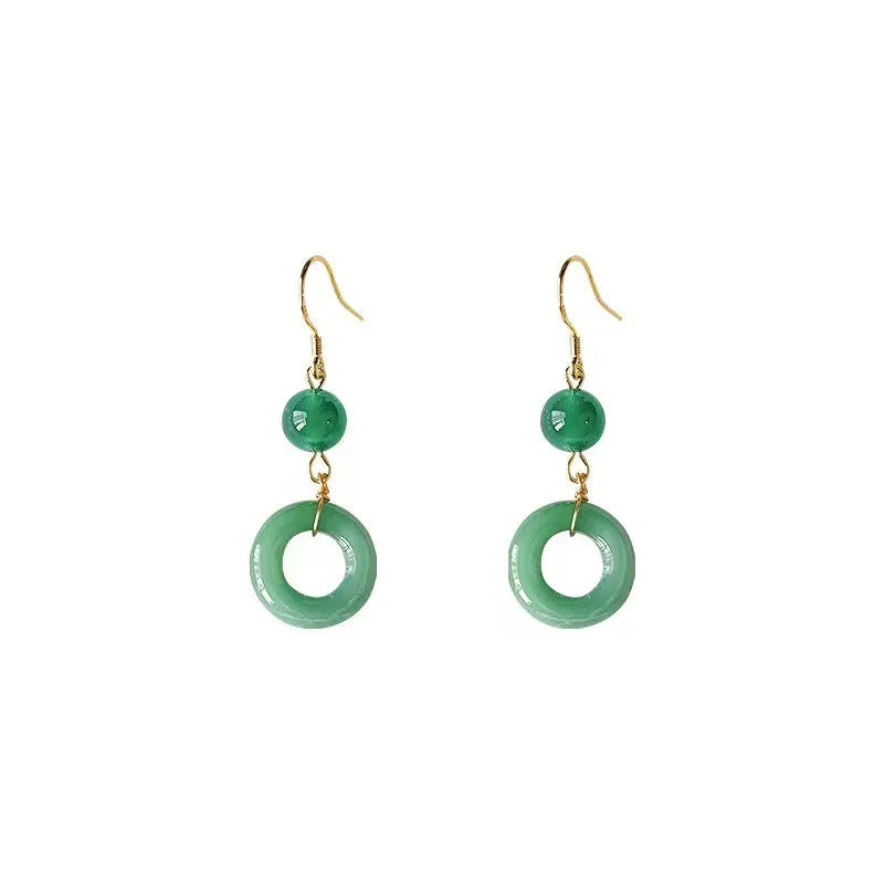 Chinese style green peace buckle shape earrings with geometric design and gold plating