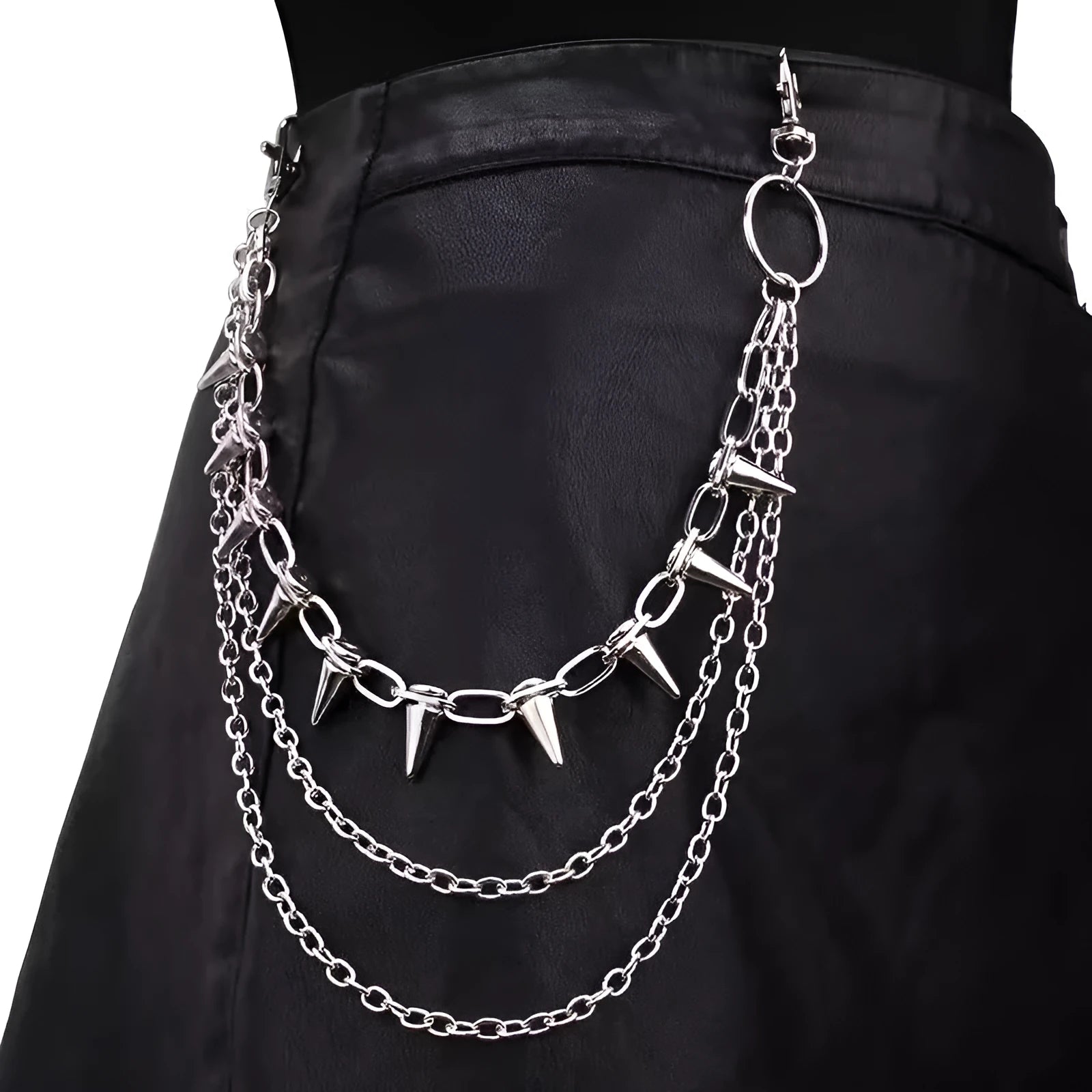 Silver metal alloy punk chain belt with double layers and rivet details, shown at 115cm length.