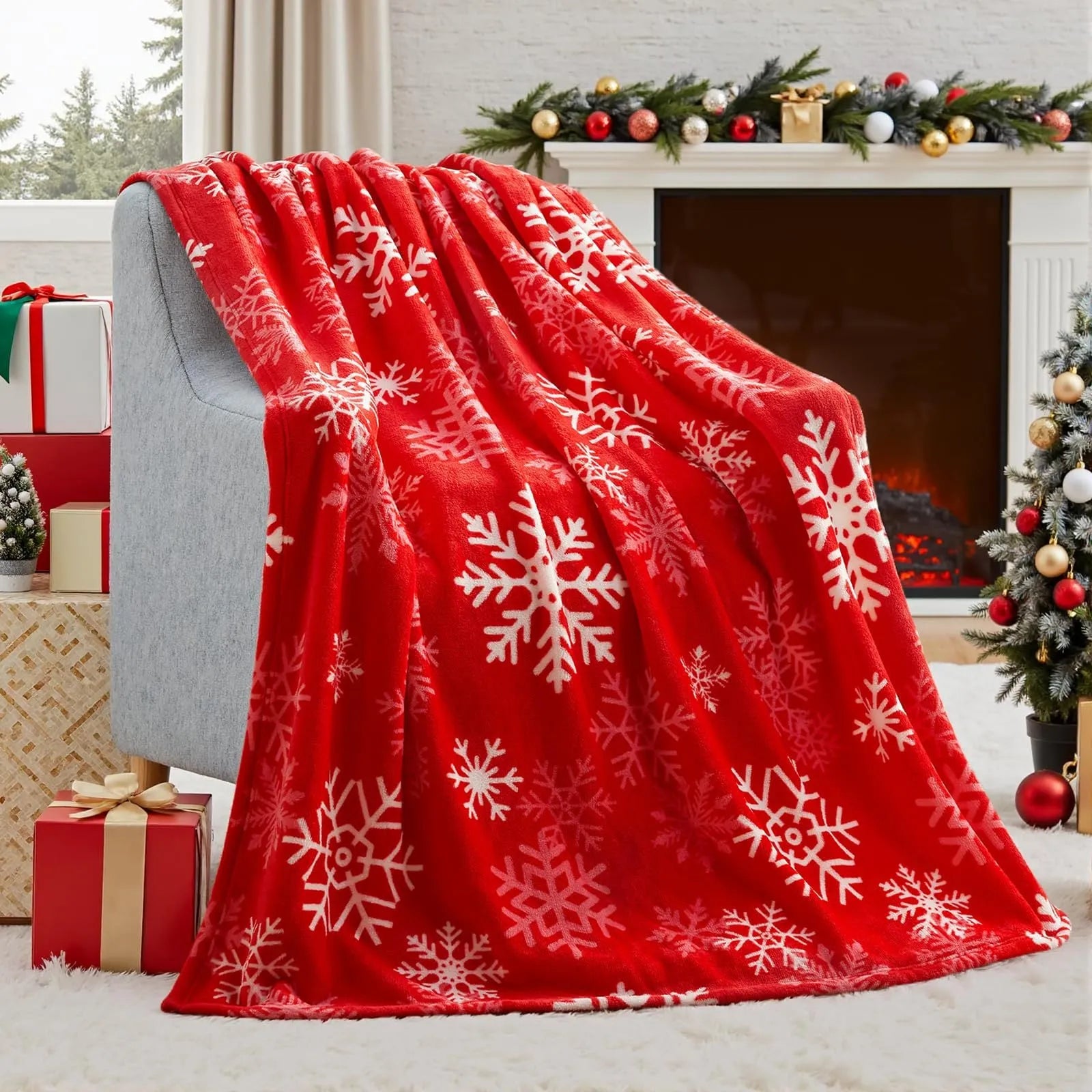 A soft, plush Christmas blanket made from polyester fibre, shown in an American style, folded to display its texture.