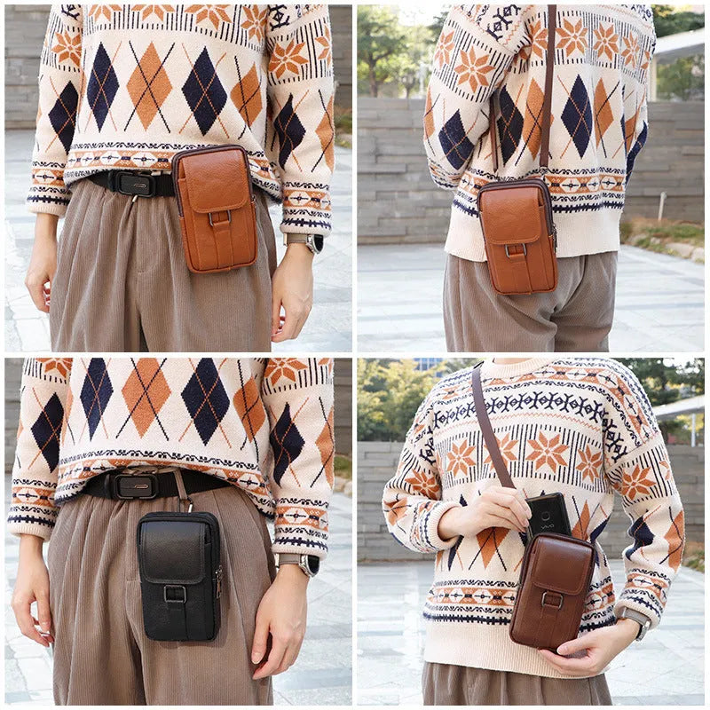 Genuine leather men's waist crossbody bag in black with a lock and vertical square shape.