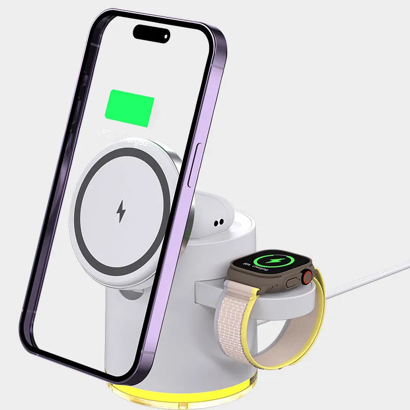 C16 folding magnetic wireless charger for phone, watch and earphones in black and white colours.