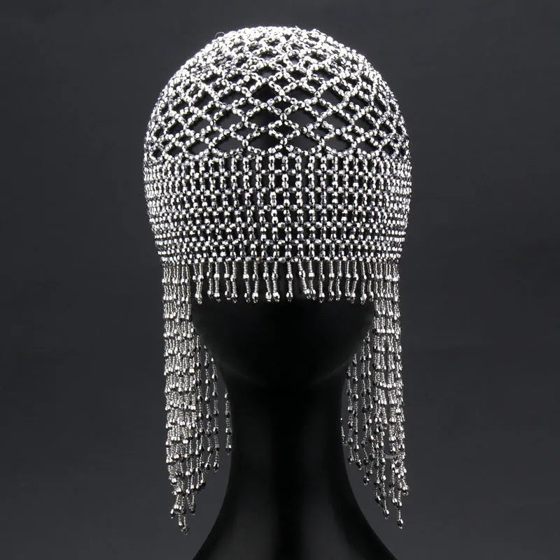 Handmade beaded belly dance headwear with alloy frame, decorative mesh surface, and 16.5cm tassel