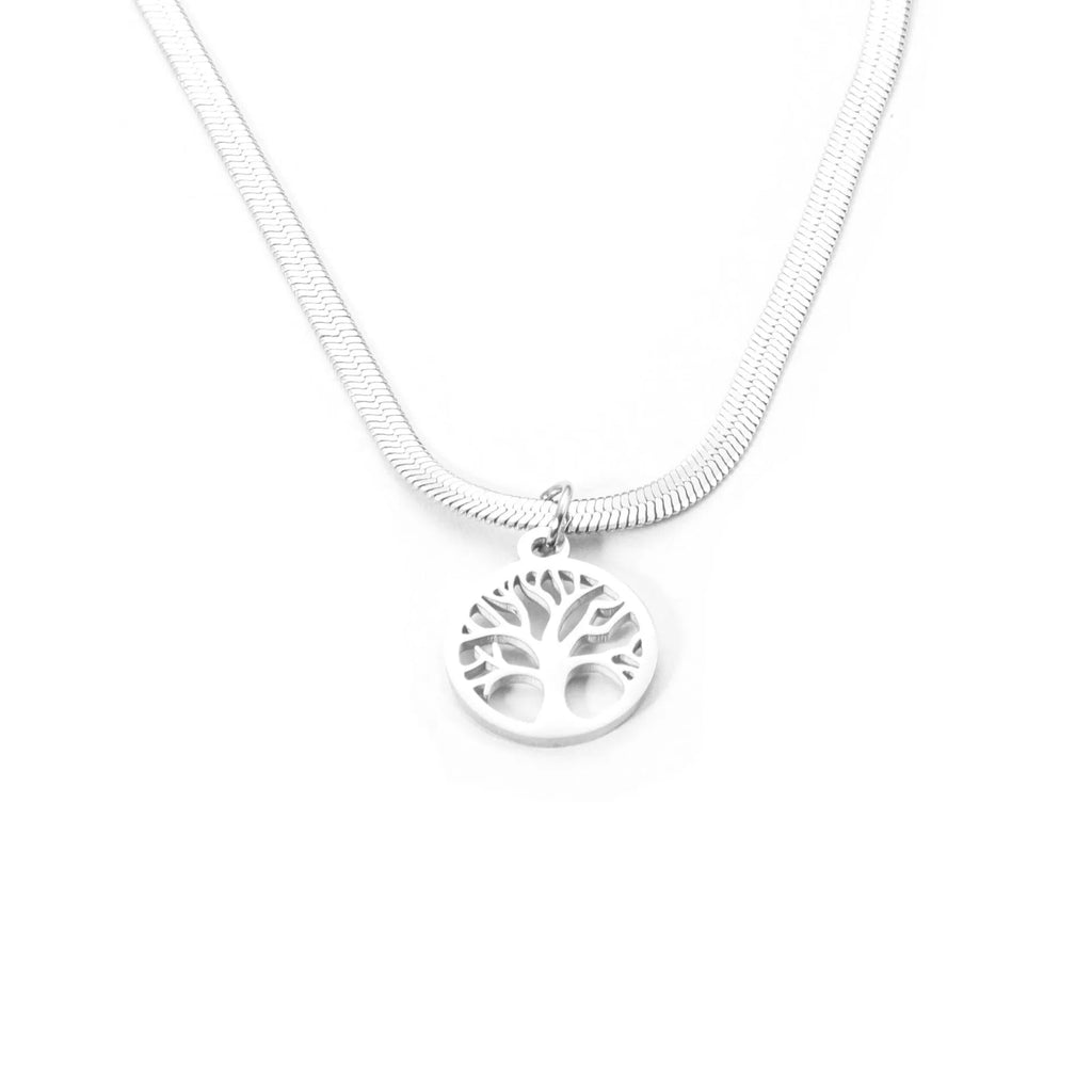 Stainless steel necklace with a U-shaped tree pendant on an adjustable snake chain.