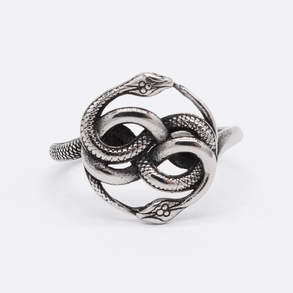 Titanium steel double snake ring in retro style with a steel colour finish, shown on a hand.