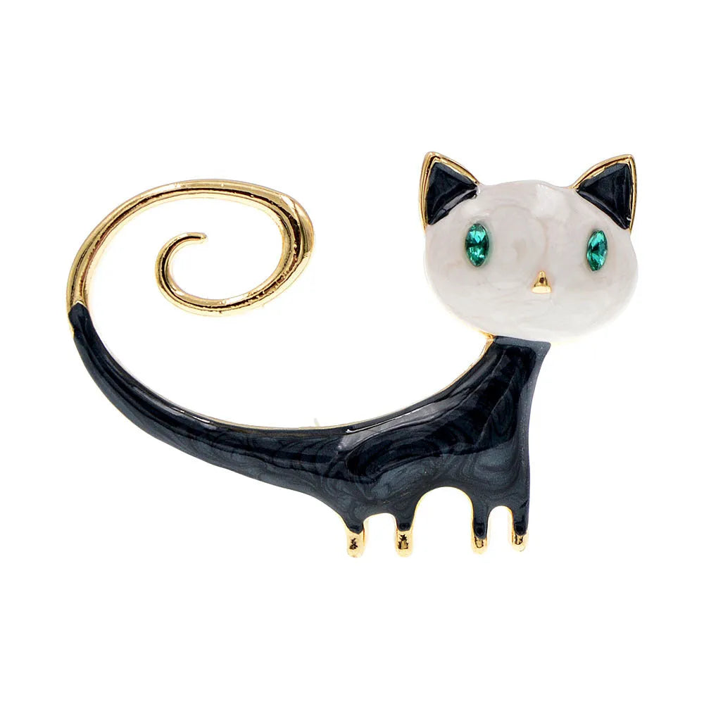 Personalised painted kitten brooch with raised tail in alloy metal, orange and white colour options