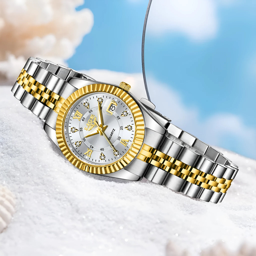 Waterproof gold and silver fashion quartz watch with 10mm thickness on wrist