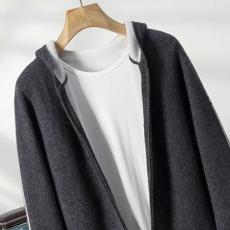 Men's dark blue cashmere cardigan with half-high collar and front zipper, loose fit with long sleeves