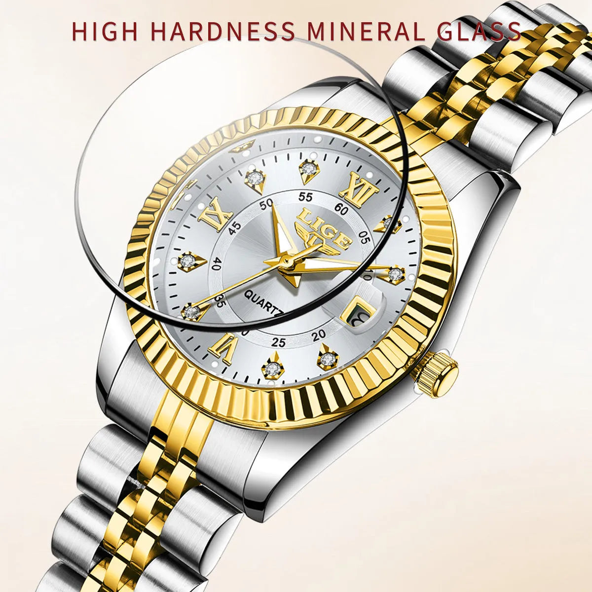 Waterproof gold and silver fashion quartz watch with 10mm thickness on wrist