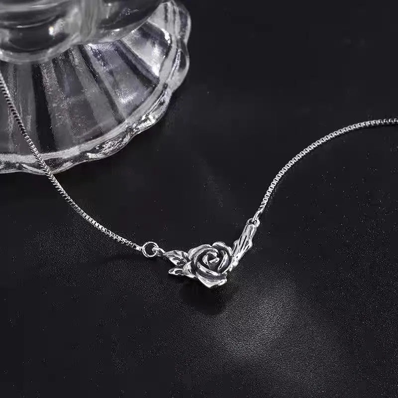 Retro black rose necklace for women with copper cross chain and vintage rose distressed flower pendant