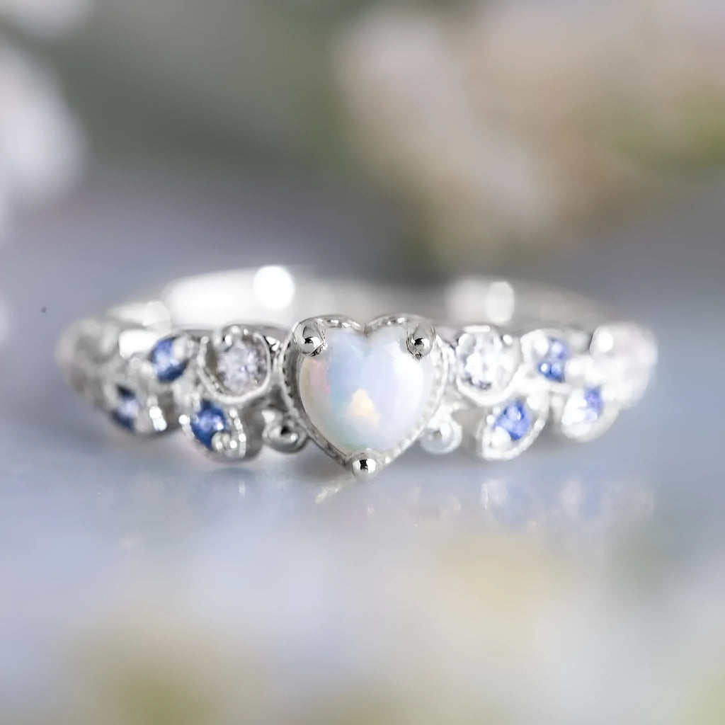 Peach-coloured alloy heart ring for women featuring a detailed floral and opal ocean design.