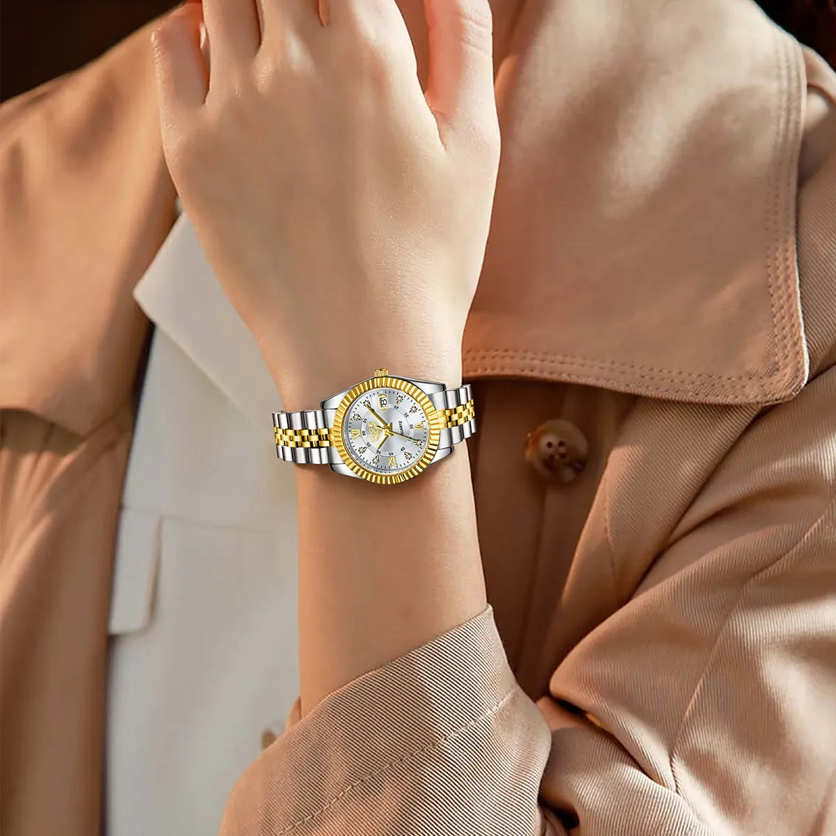Waterproof gold and silver fashion quartz watch with 10mm thickness on wrist