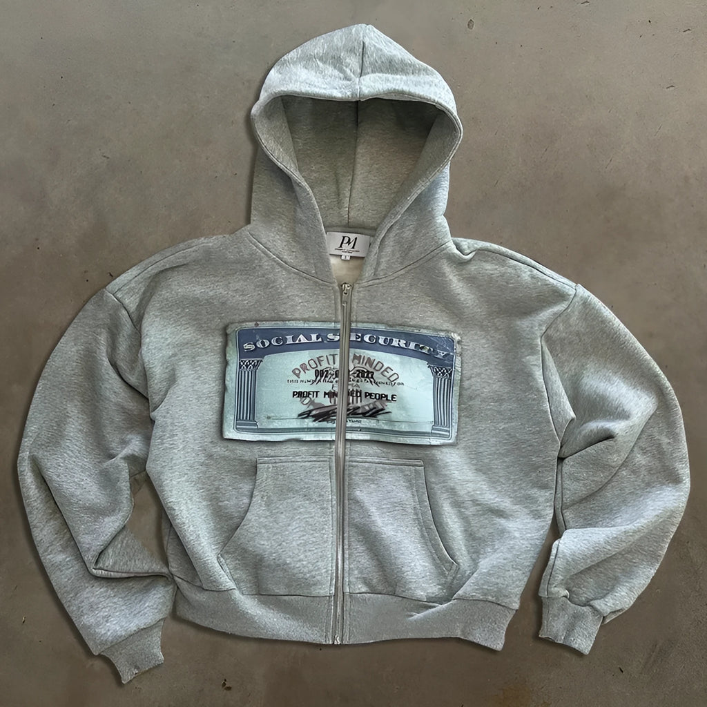 Black loose fit hoodie zipper jacket with white letter pattern print and front pocket