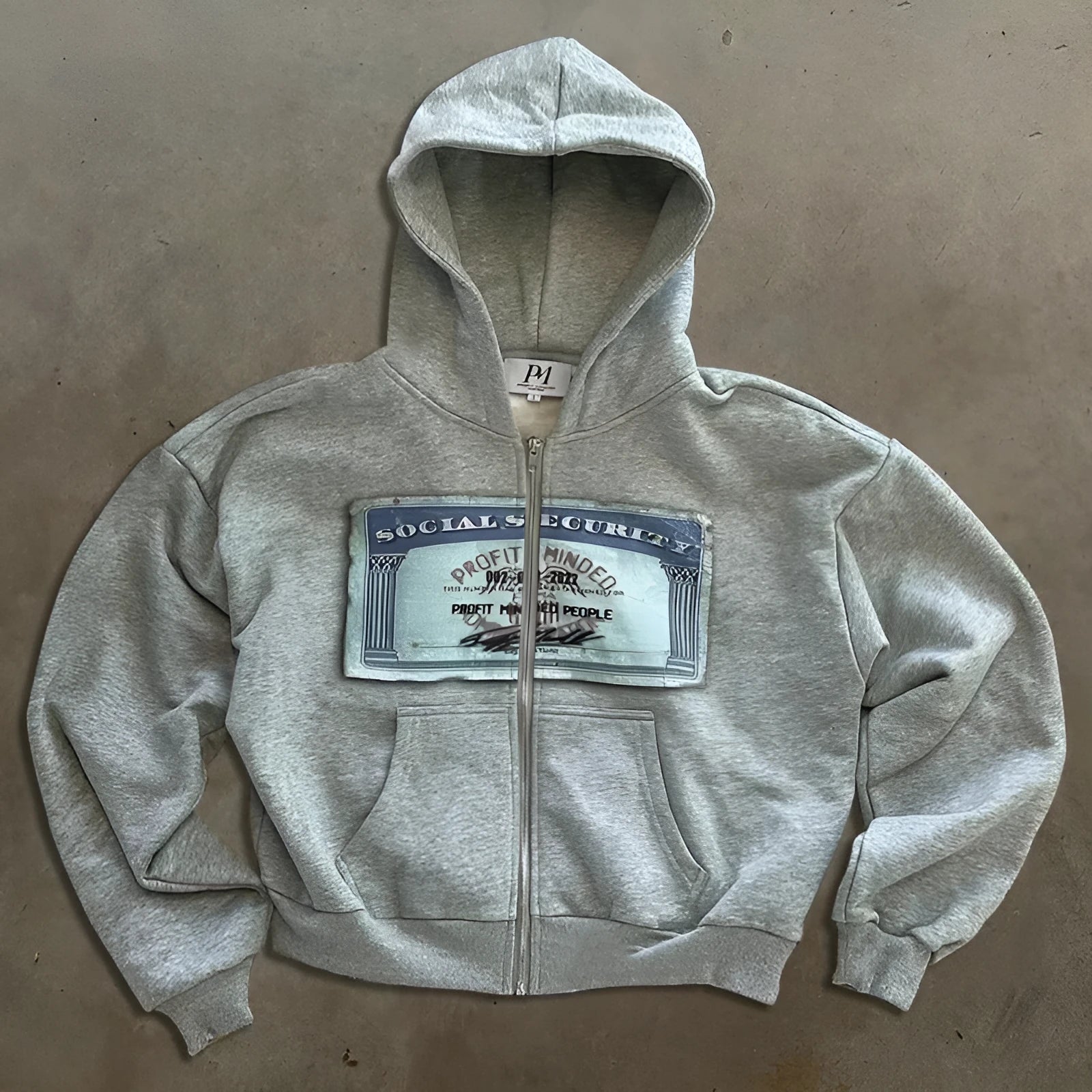 Black loose fit hoodie zipper jacket with white letter pattern print and front pocket