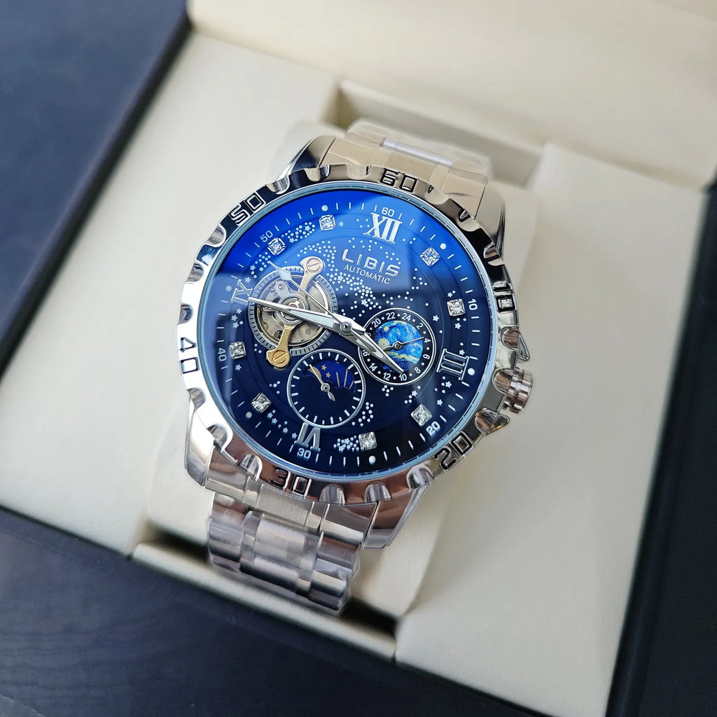 Men's silver automatic mechanical watch with black dial, luminous hands, on a black steel strap.