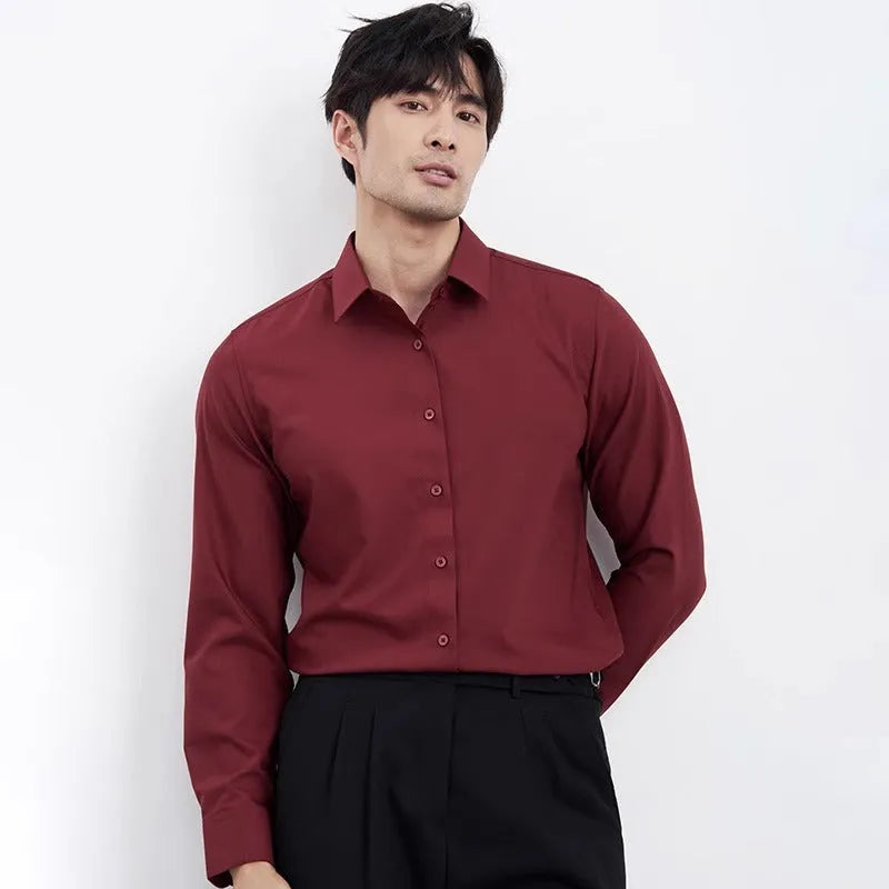 Men's wine red slim fit long sleeve business shirt laid flat, non-iron cardigan style.