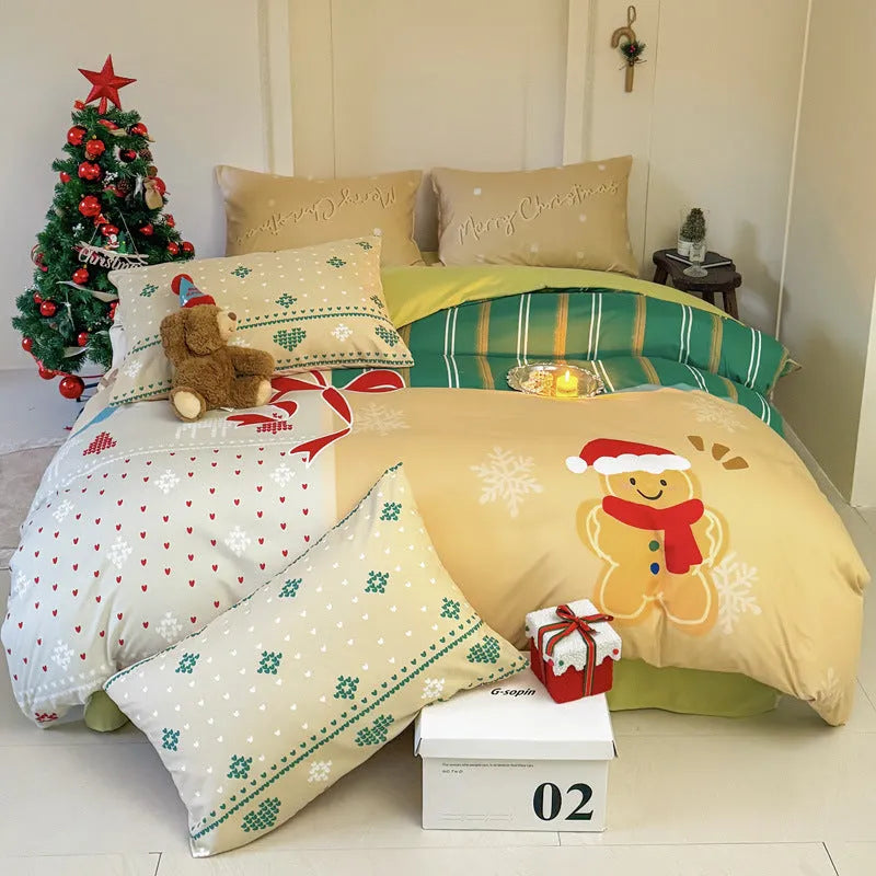 Christmas cartoon printed duvet cover and pillowcases on a bed, showing Gingerbread Man pattern.