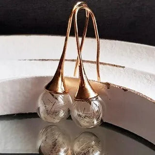 Close-up of transparent glass ball earrings showing a crystal dandelion seed design inside, with silver French hook.