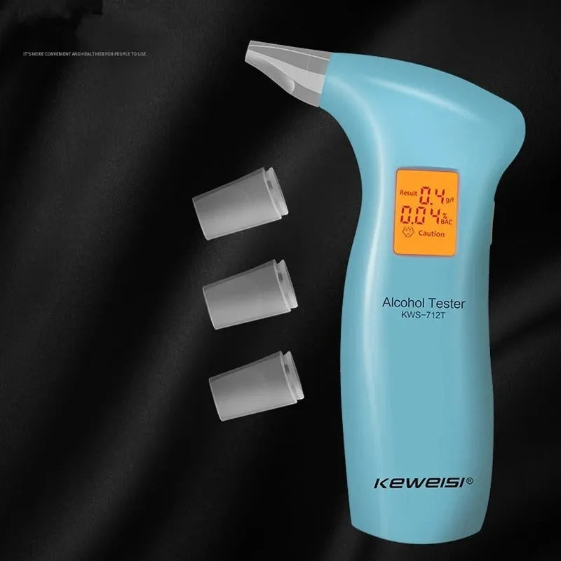 Portable orange LED breath alcohol tester with dark grey case and four white mouthpieces.