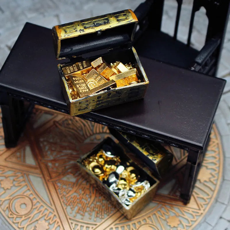 Miniature alloy gold coin treasure box and gold bar dollhouse accessories.