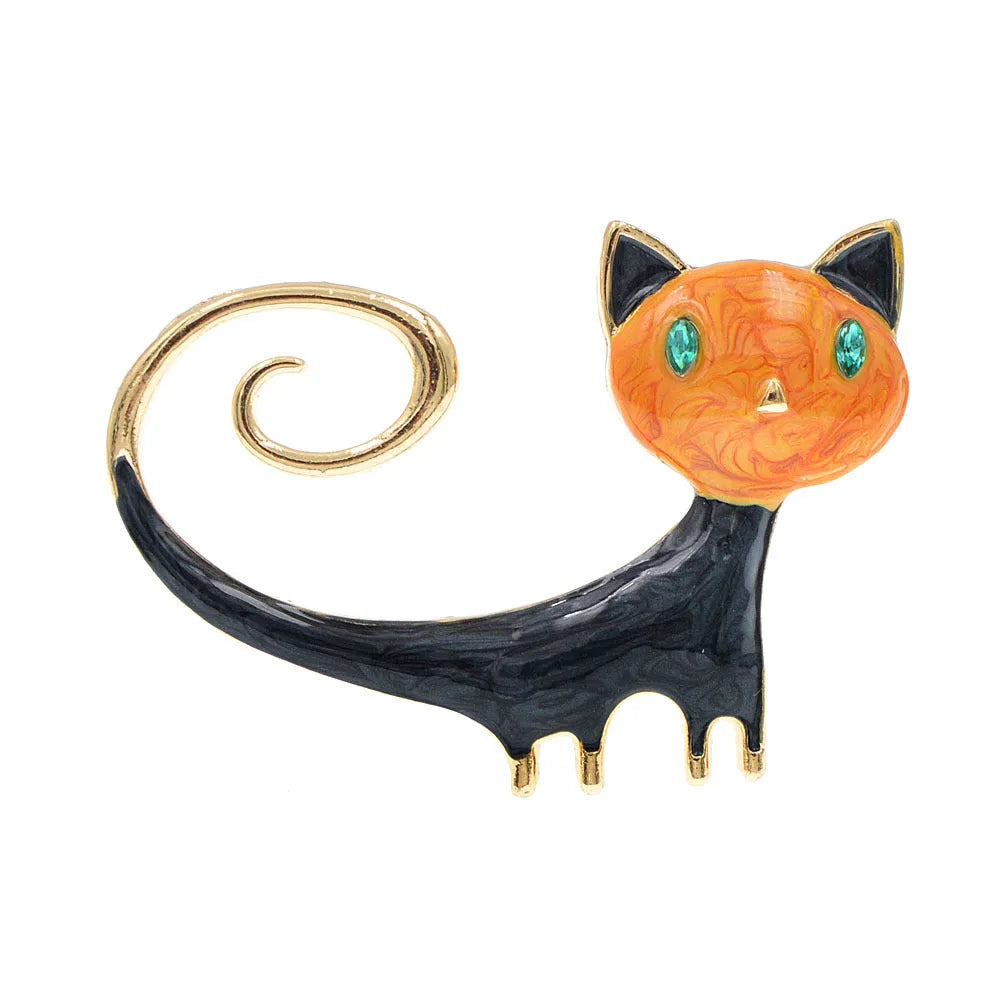Personalised painted kitten brooch with raised tail in alloy metal, orange and white colour options