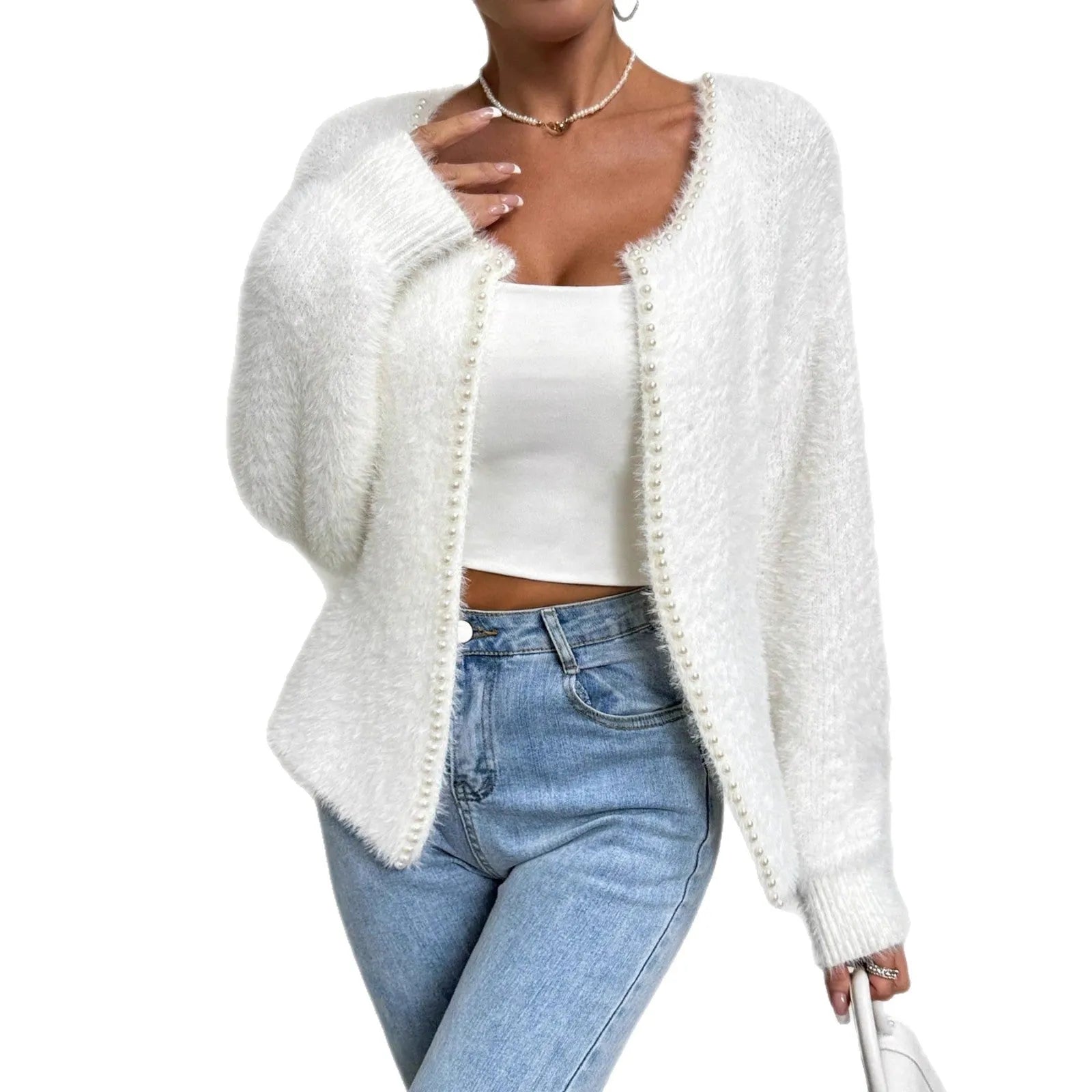 White women's V-neck polyester cardigan sweater with medium thickness and 50cm length