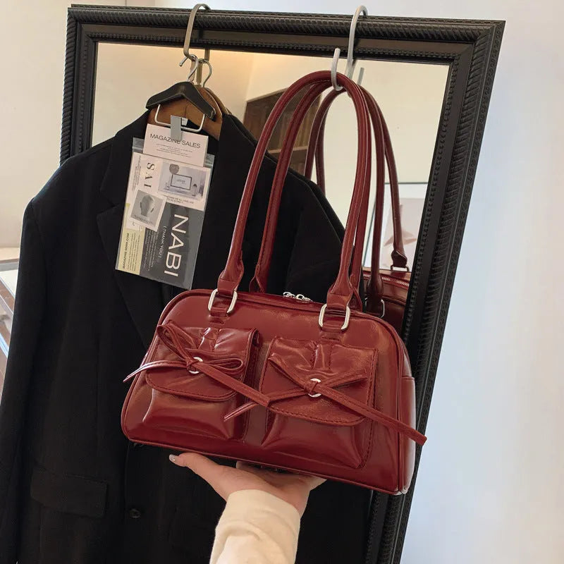 Women's PU shoulder bag horizontal square shape bow stitching detail black colour option