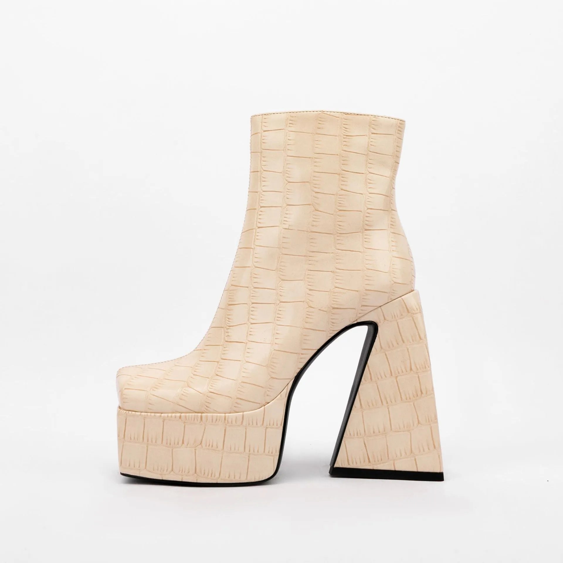 A pair of women's super high heel ankle boots in a solid colour with an artificial PU upper.