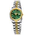 Waterproof gold and silver fashion quartz watch with 10mm thickness on wrist